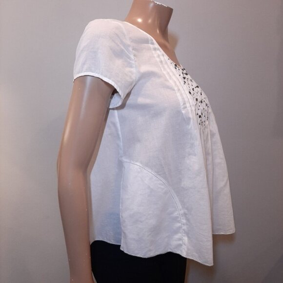 REBECCA TAYLOR Pintucked Blouse Short Sleeve Smoky Gem Embellished A-Line Top - Picture 9 of 14